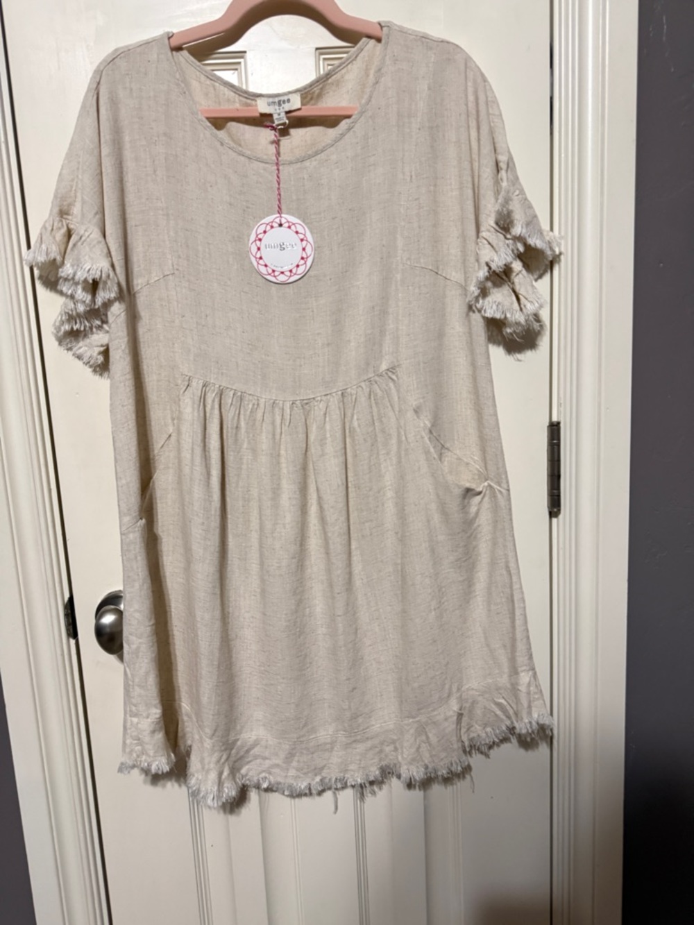 Umgee Beige Fringed Short Sleeve Dress - Picture 2 of 4